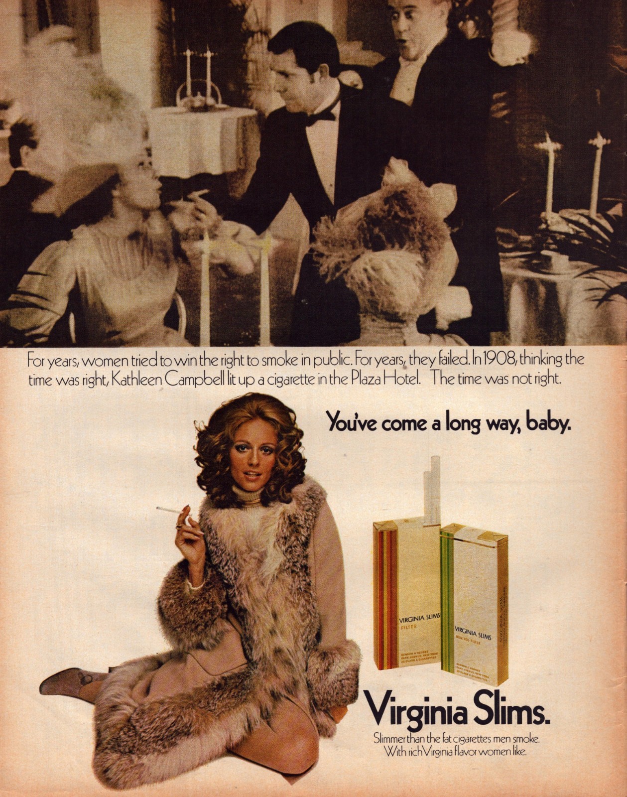 1971 Virginia Slims Cigarettes Print Ad Plaza Hotel You've Come A Long Way Baby