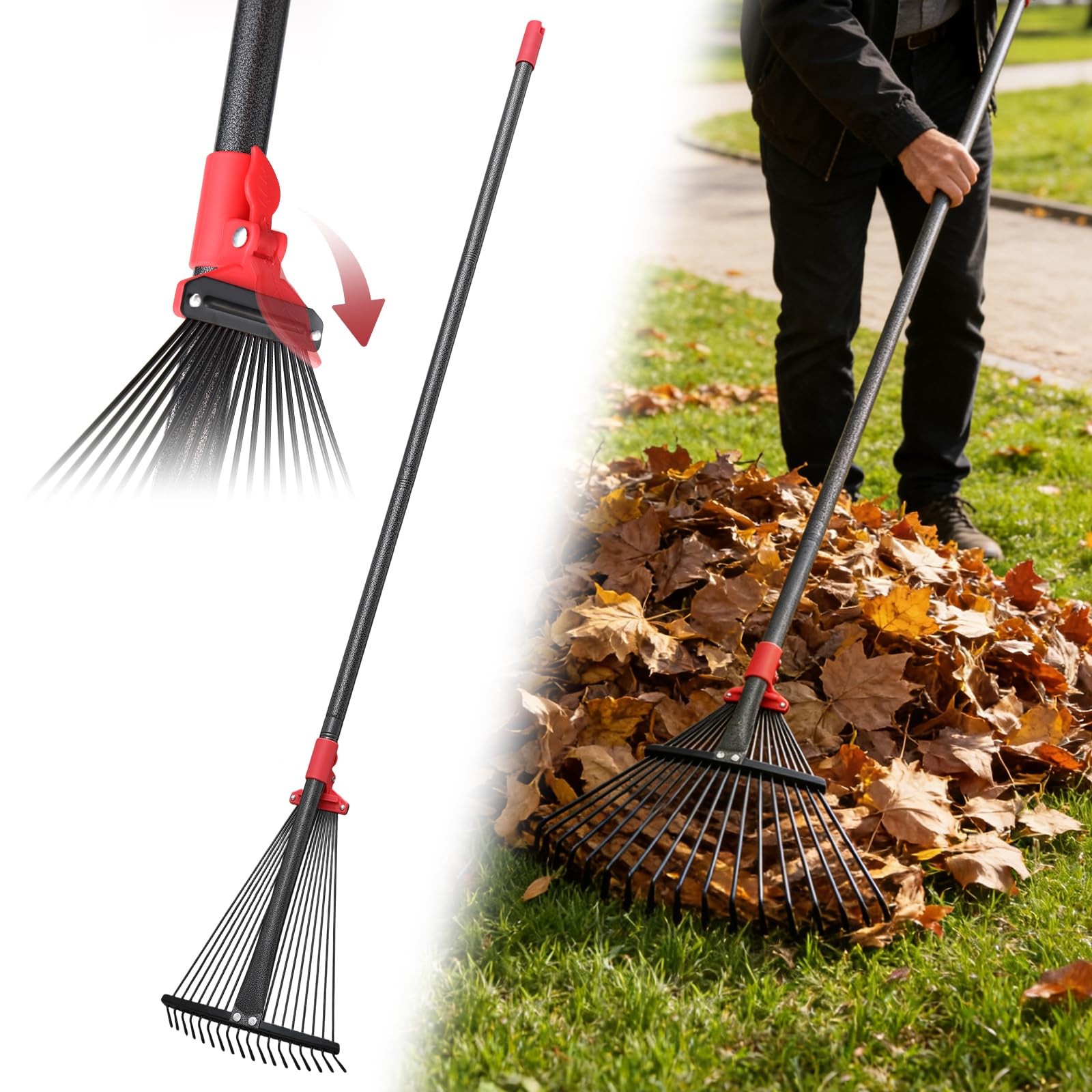 Garden Rake for Leaves: 70 Inch Adjustable Long Handle 18 Metal Tines with 8-...