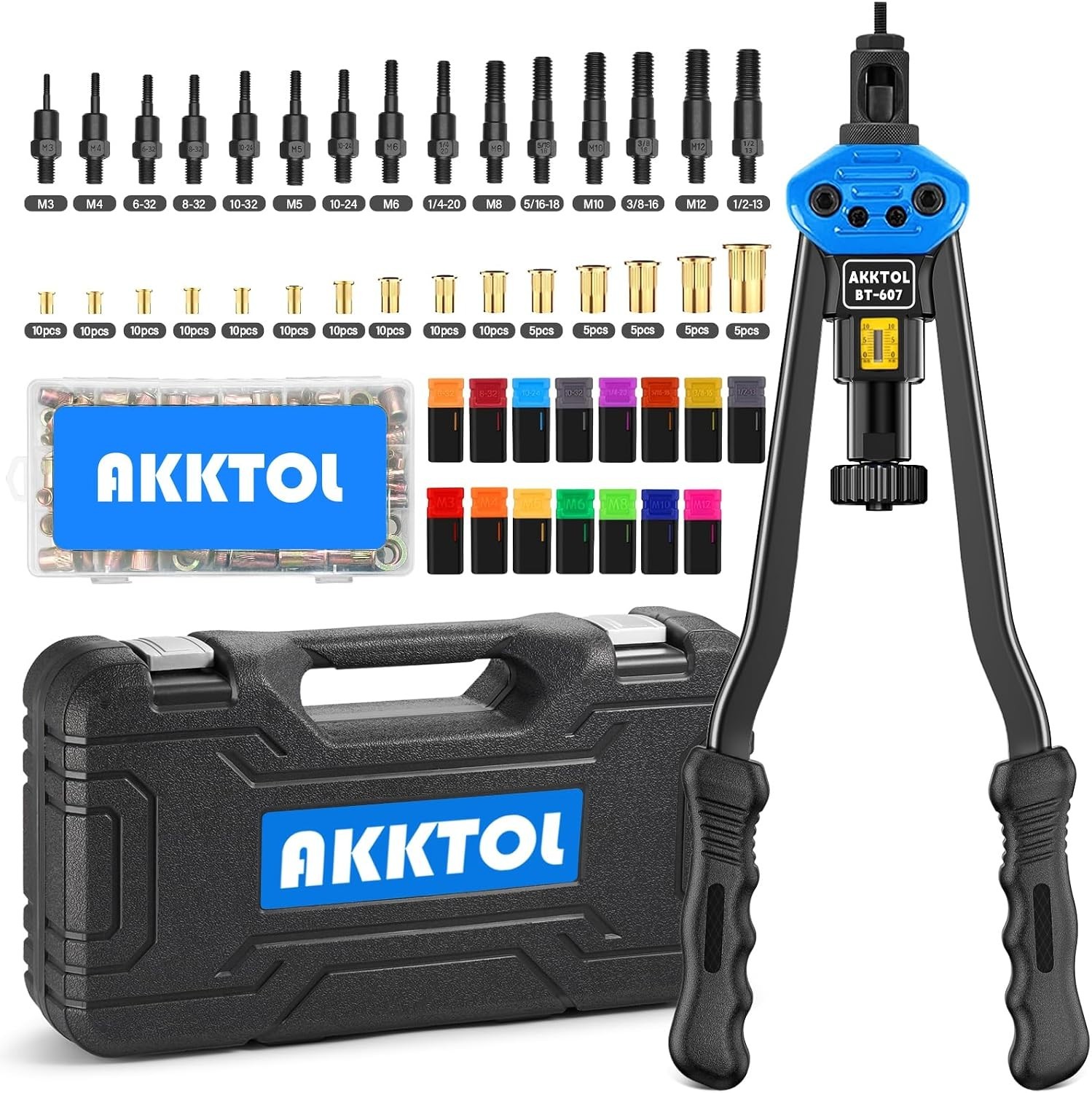 Versatile Rivet Nut Tool Kit - 16" Long Handles, 125-Piece Set for Metalwork