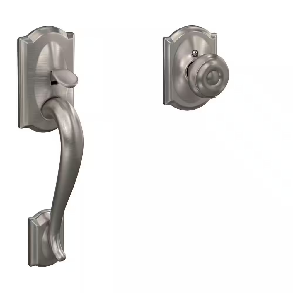 Schlage Door Handleset Grip w/ Georgian Door Knob & Camelot Trim Satin Nickel