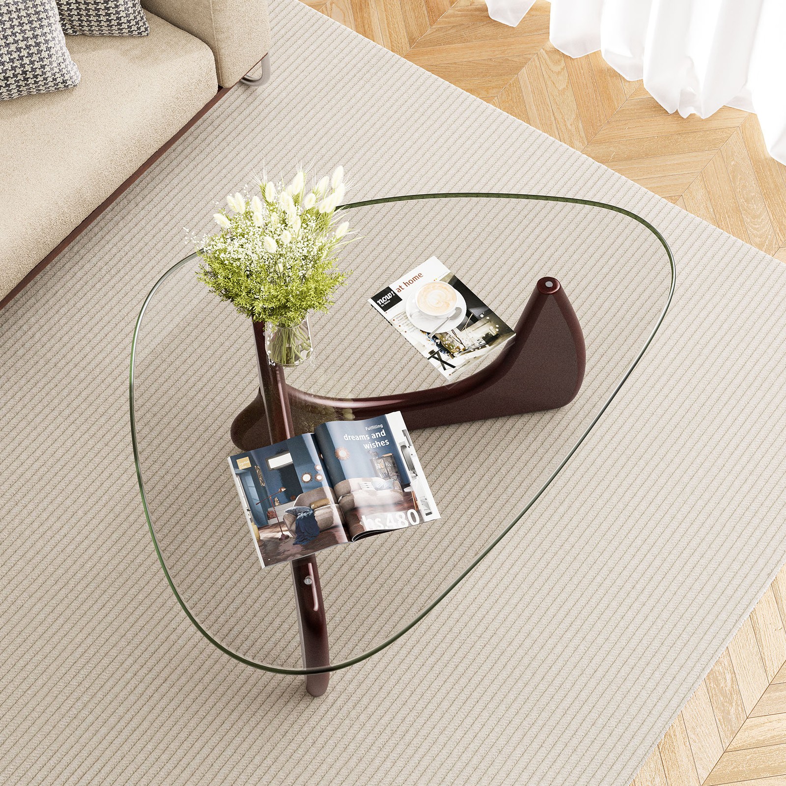 Used Noguchi Style Coffee Table Triangle Glass Top Premium Solid Hardwood Base