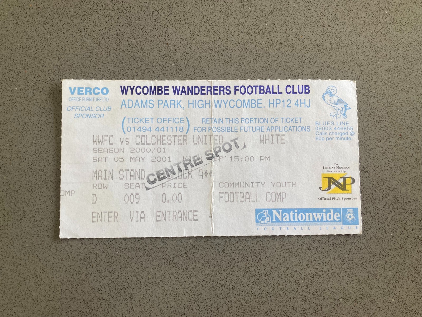 Wycombe Wanderers v Colchester United 2000-01 Match Ticket