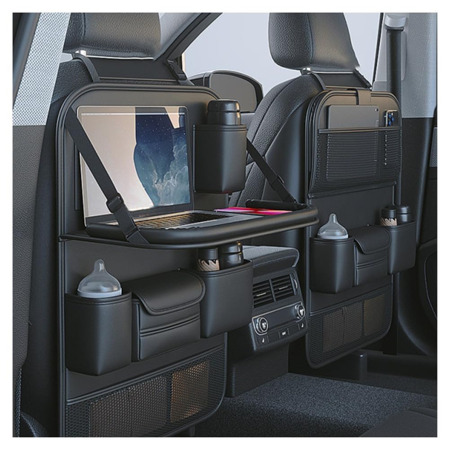 2 Pack Leather Car Backseat Organizer with Foldable Table Tray, Car Storage O...
