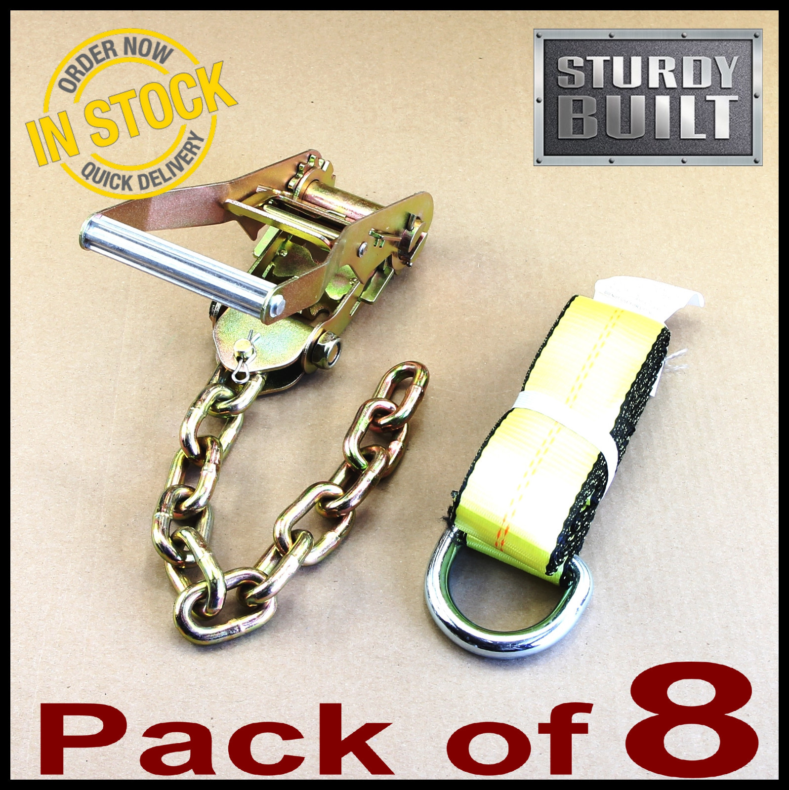 GRIPON 8x Chain Ratchet & 12' Lasso Straps Wrecker Tow Truck Car Hauler Tie Down
