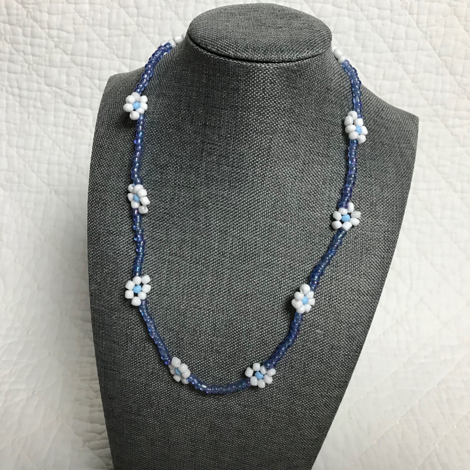 PRETTY NECKLACE HANDMADE BEADED BLUE WHITE FLOWERS