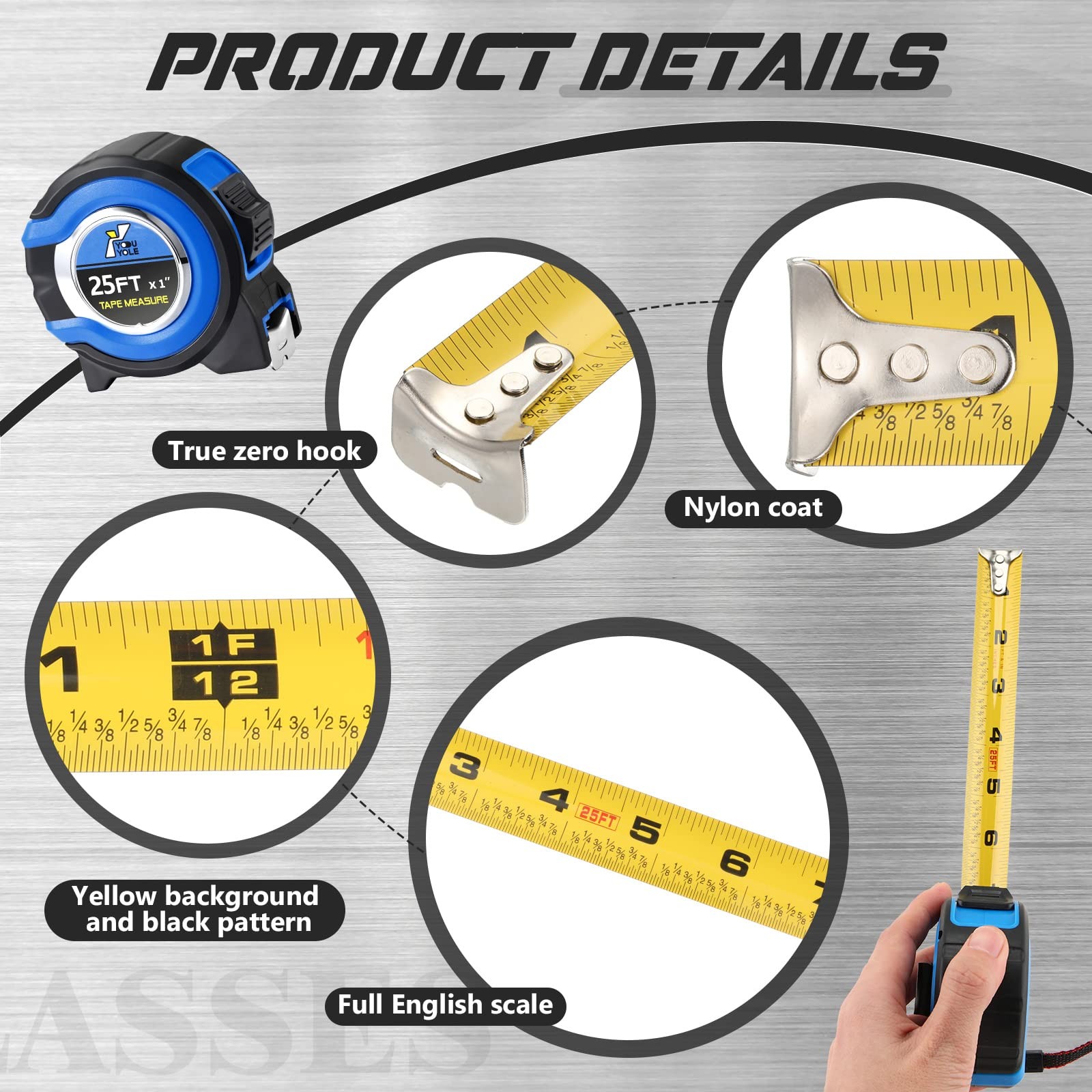 Youyole 24 Pack Tape Measure with Fractions 1/8 Steel 25 ft X 1 in, Blue