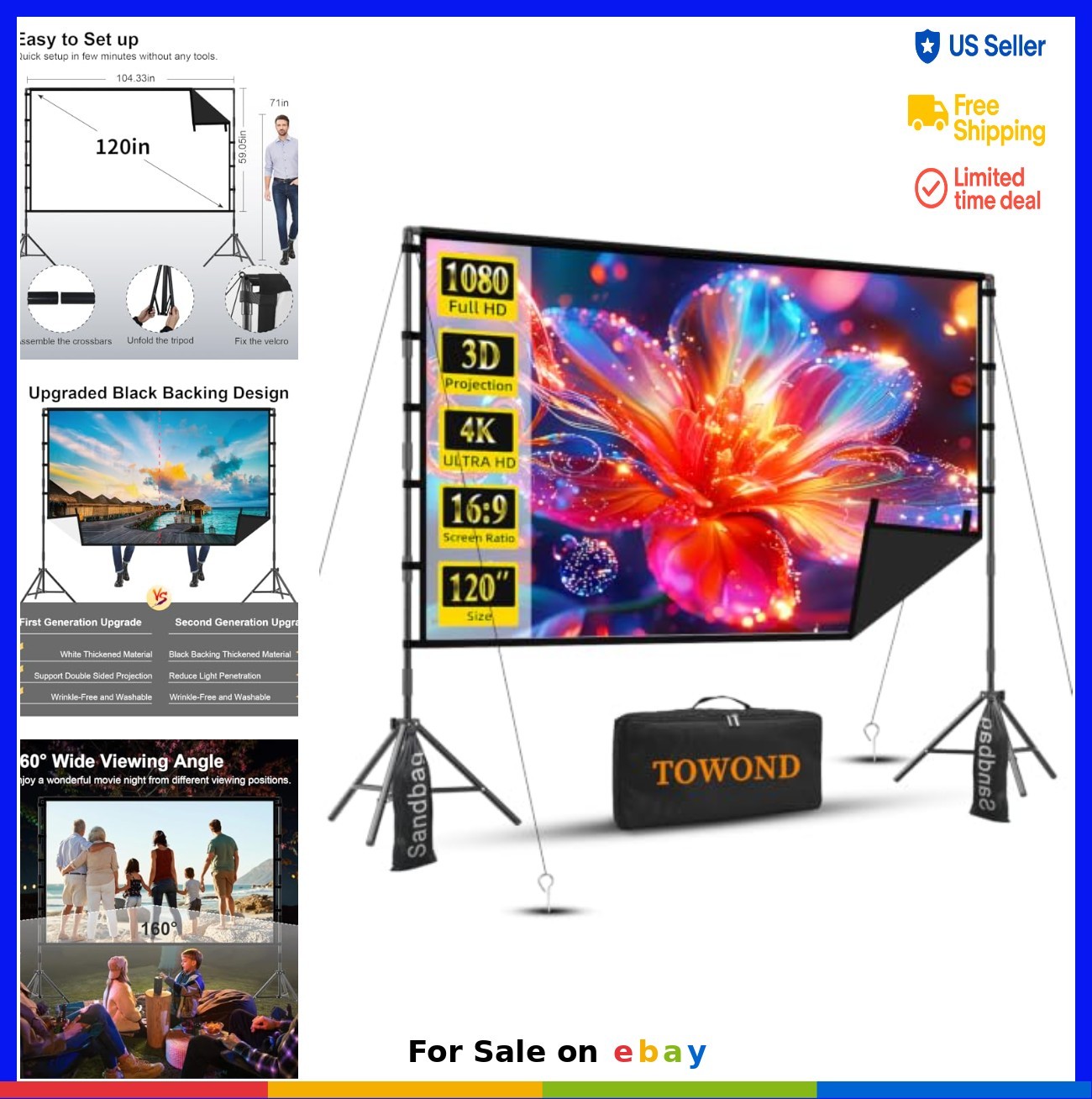 Projector Screen 120 Inch 16:9 Tripod Stand Portable 4K 1080P Outdoor Backyard
