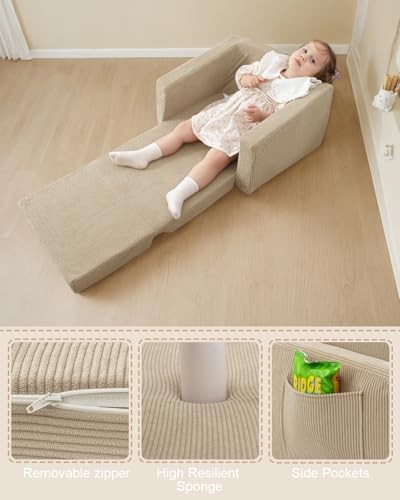 Toddle & Kids Chair,2-in-1 Soft Toddler Couches that Fold Out,Toddler Beige