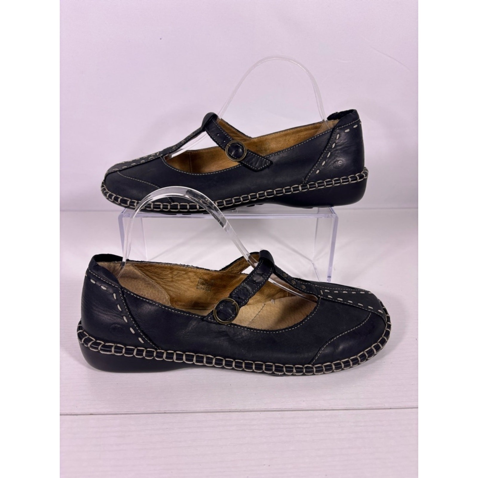 Josef Seibel Black Leather Mary Jane Flats Contrast Stitching Comfort Shoes 41