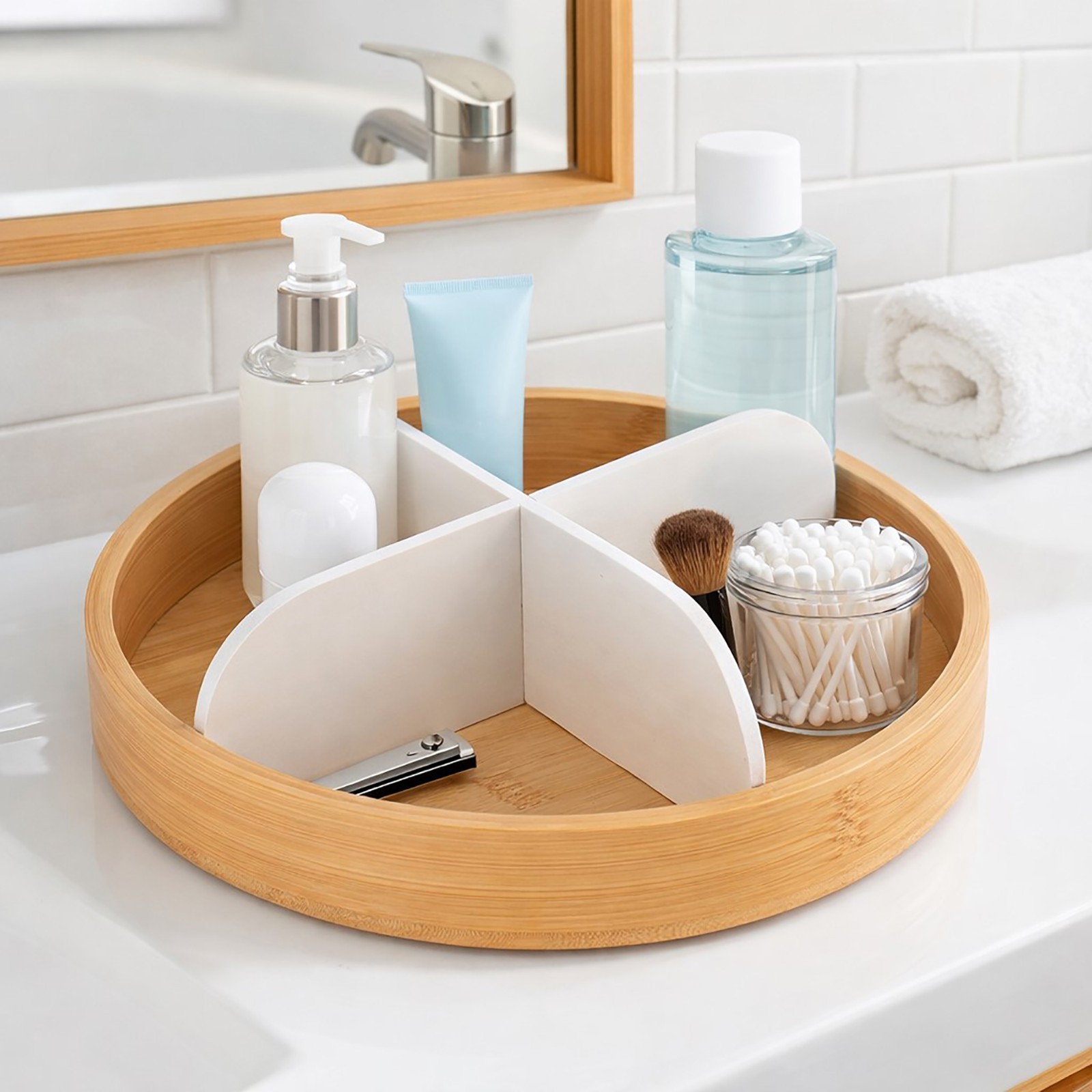Rotating Bathroom Organizer with 4 Compartments - Bamboo Base Matte Finish