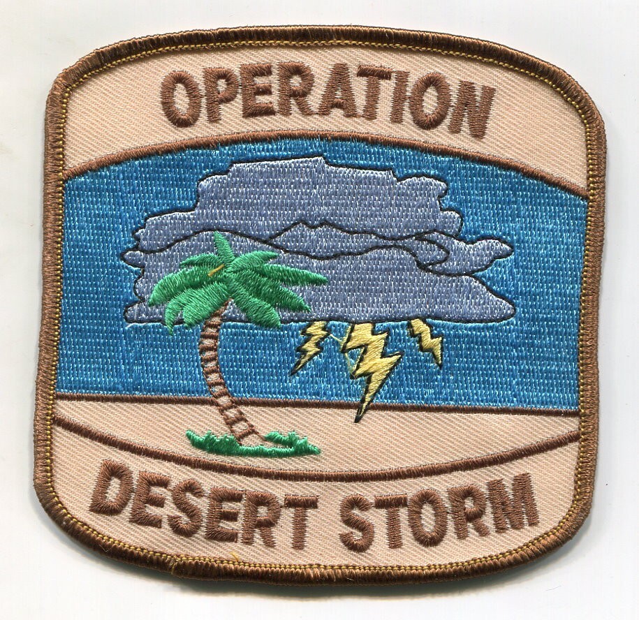 VINTAGE 1990s DESERT STORM  CAMEL JOCKEY PATCH: STORM CLOUD/LIGHTING w/PALM TREE