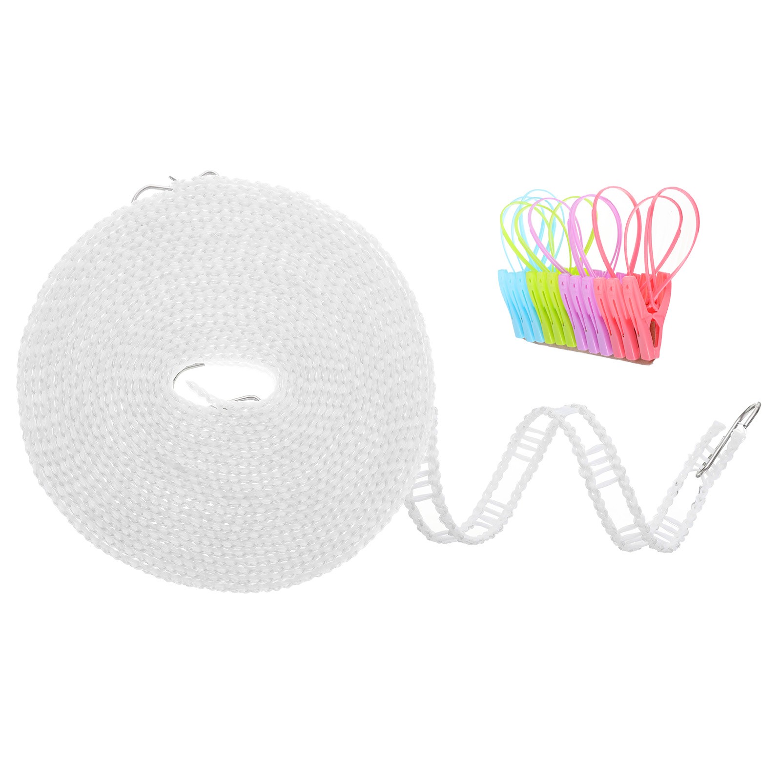 Windproof Clothesline 8M Non-Slip Clothes Drying Rope with 12 Clips White