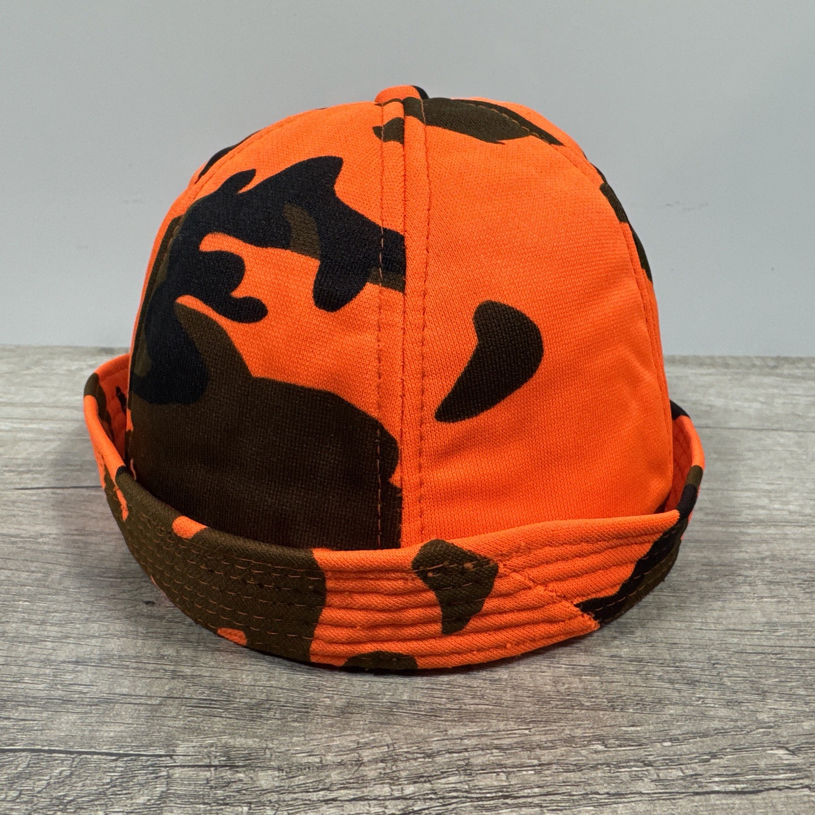 VTG S Orange Camo Jones Hunting Bucket Fedora Hat Insulated Ear Flaps Distressed