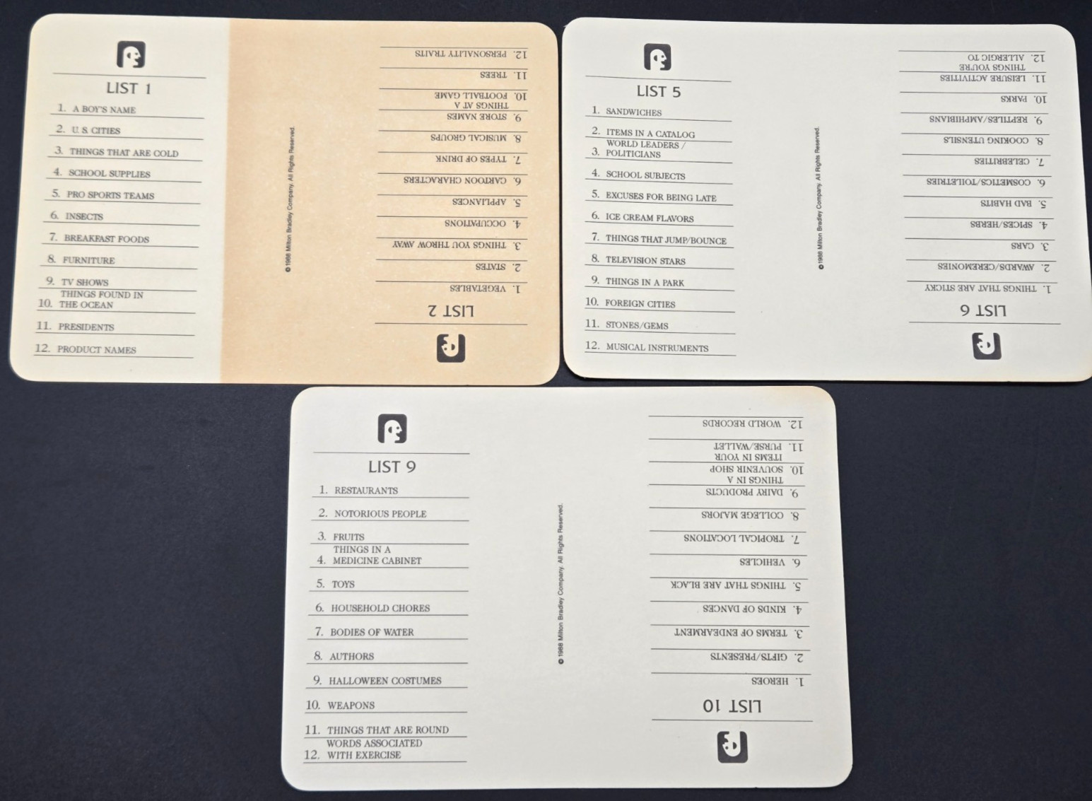 Scattergories Category Cards 1988 Replacement Pieces List 1-12; 1 set of cards