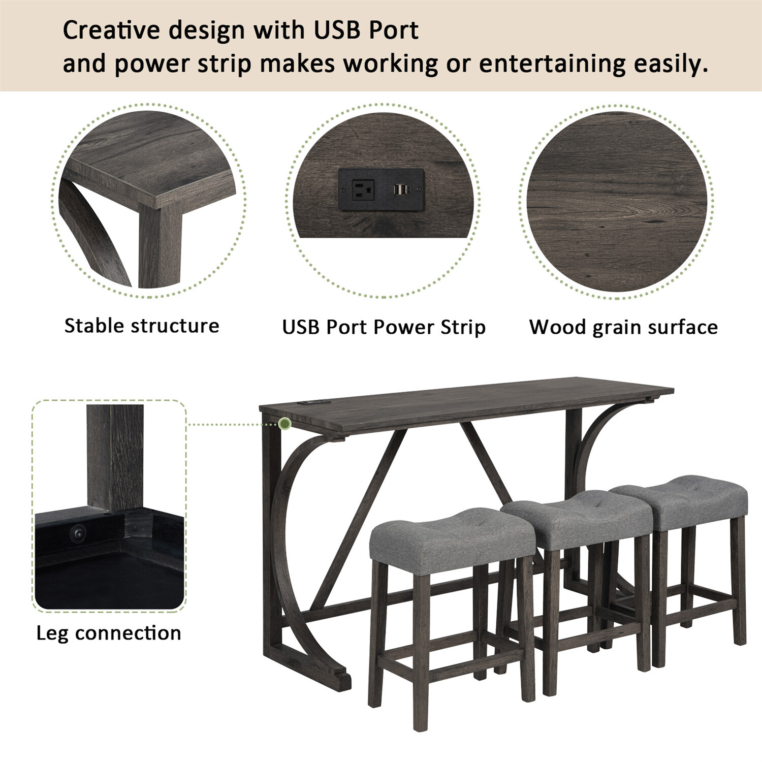 4 Piece Bar Table Set Counter Height Kitchen Dining Table w/ 3 Upholstered Stool