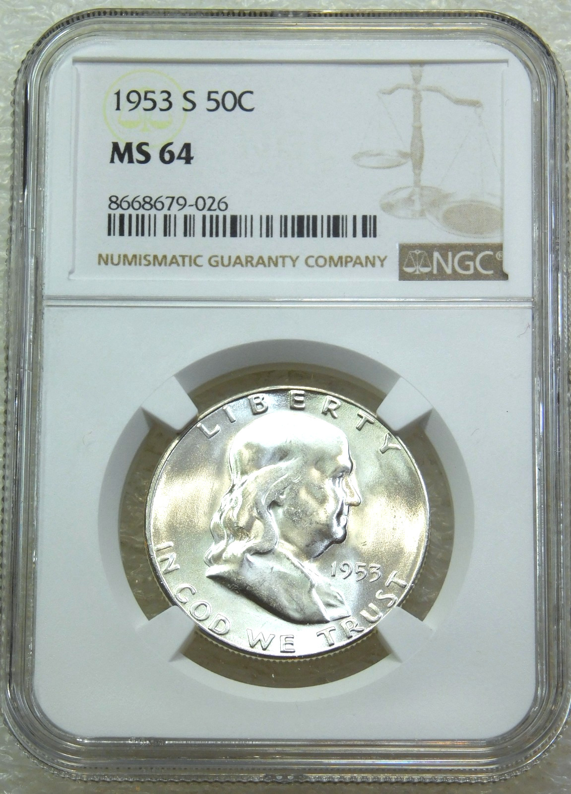 1953 S Franklin Half Dollar NGC MS64 Frosty White Just Graded New Holder #A343A