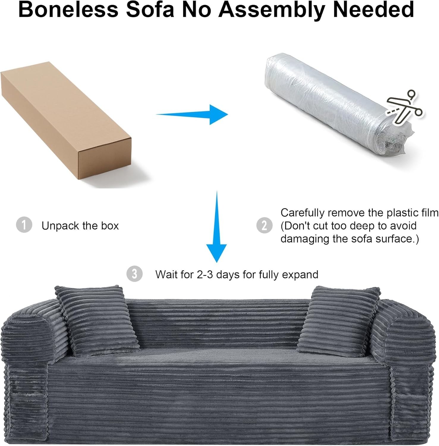 Boneless Convertible Couch Corduroy Sofa with 2 Pillows + Removable Backrest