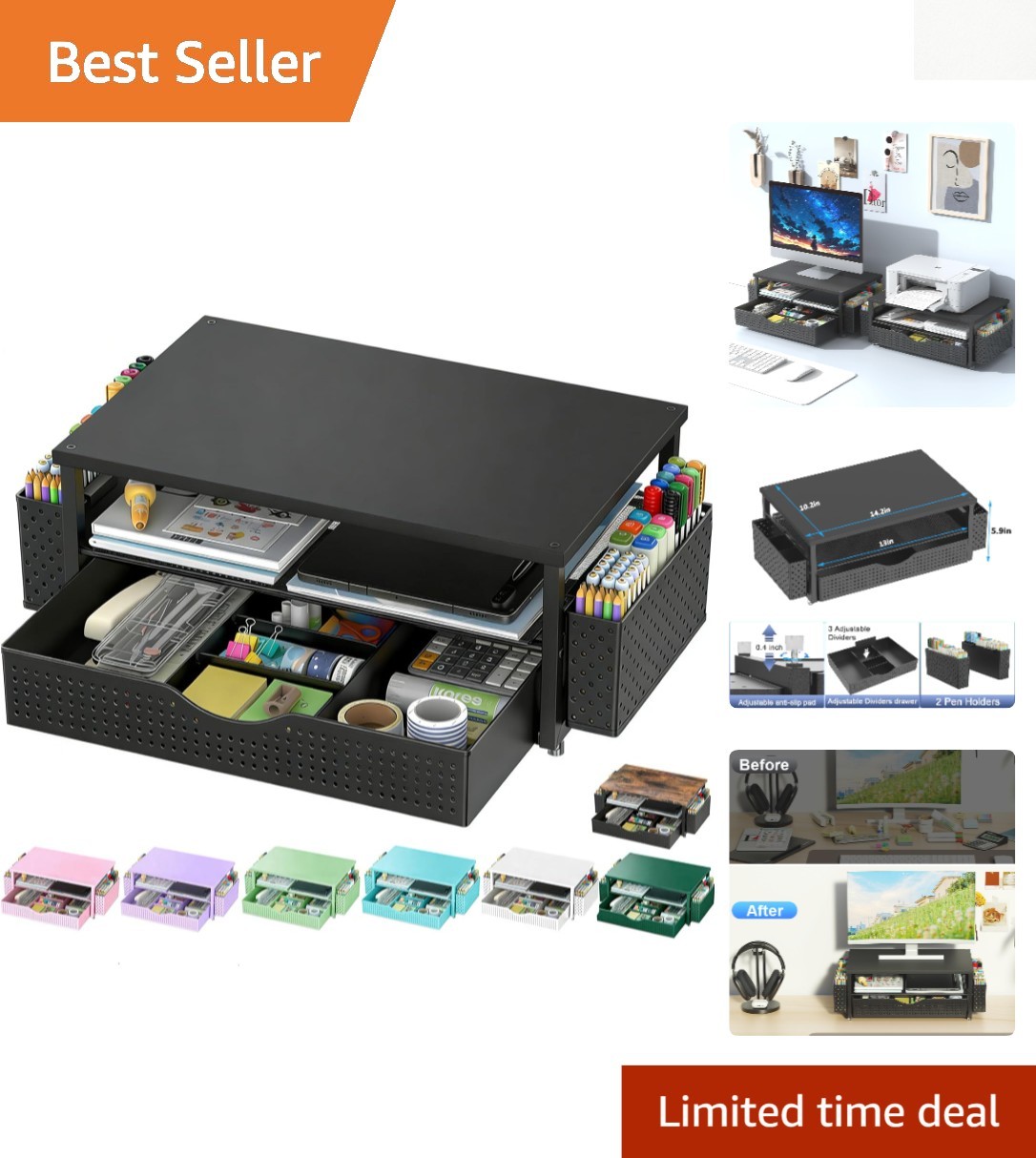 Stylish Black Monitor Stand Riser, Multi-Purpose Organizer with Drawer & Holders