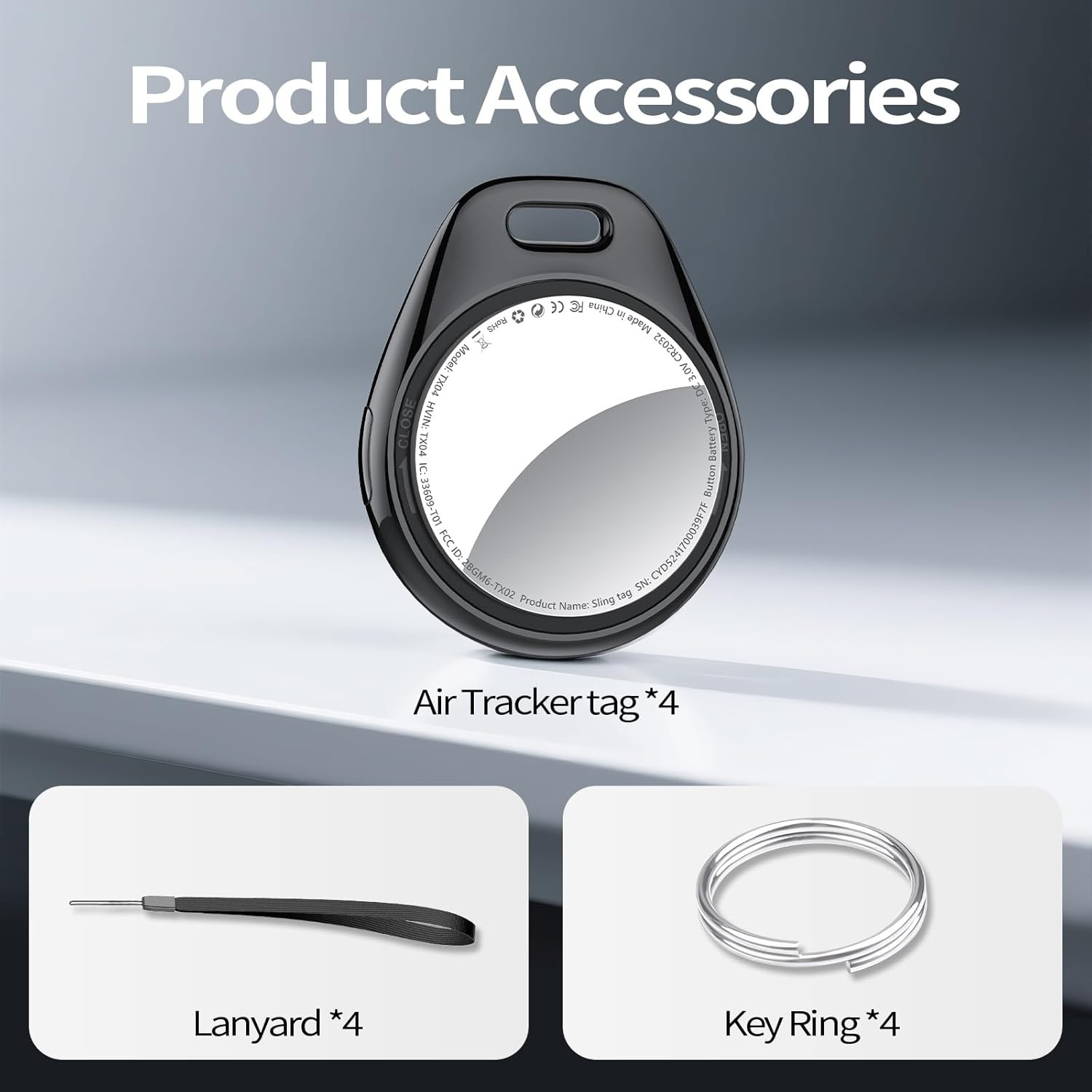 [iOS Only] Tukio Air Tracker Tags 4 Pack Black, [Apple MFi Certified] Bluetooth