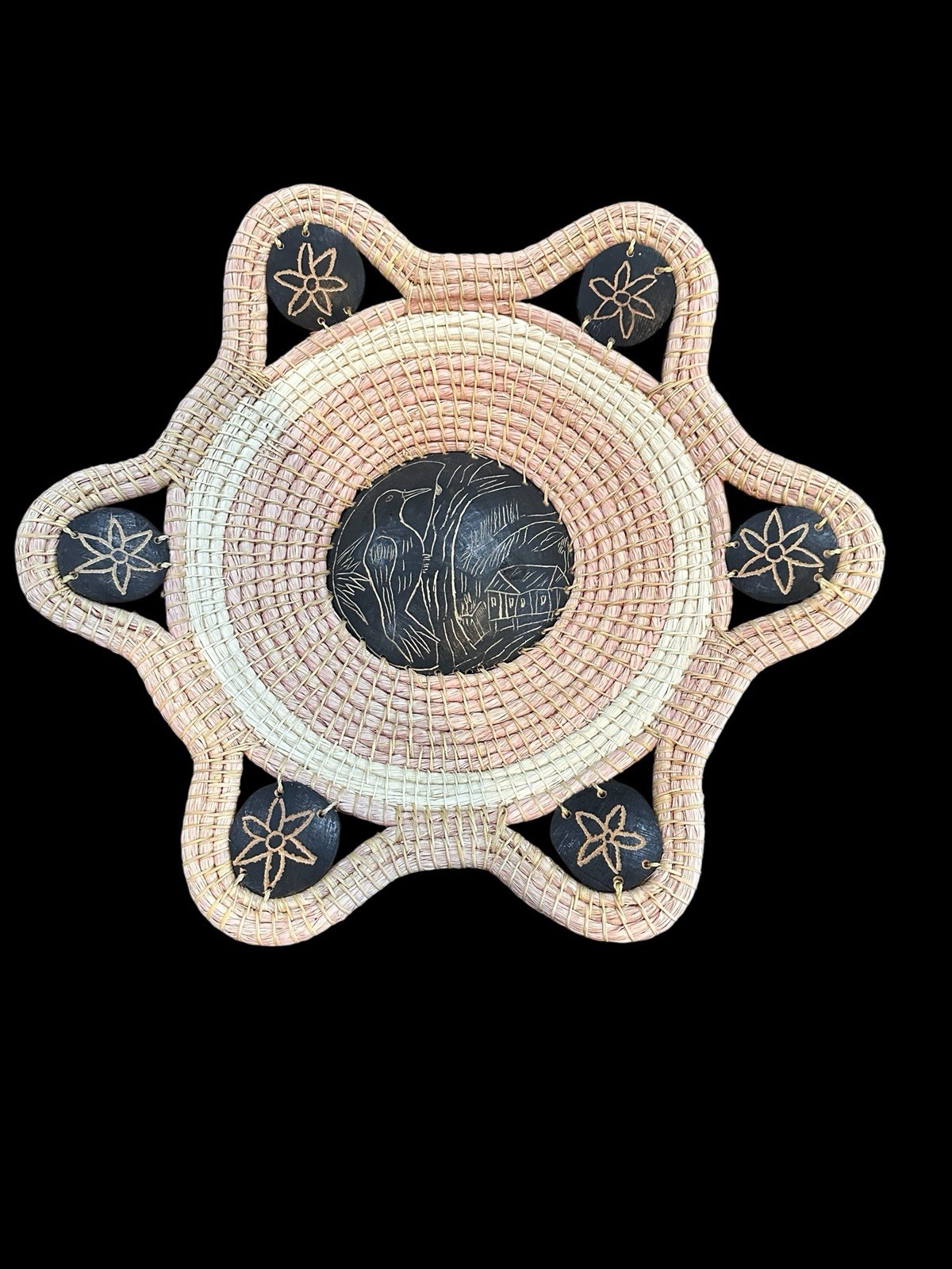 African Tribal Wall Hanging Woven Basket Coconut Shell 13”