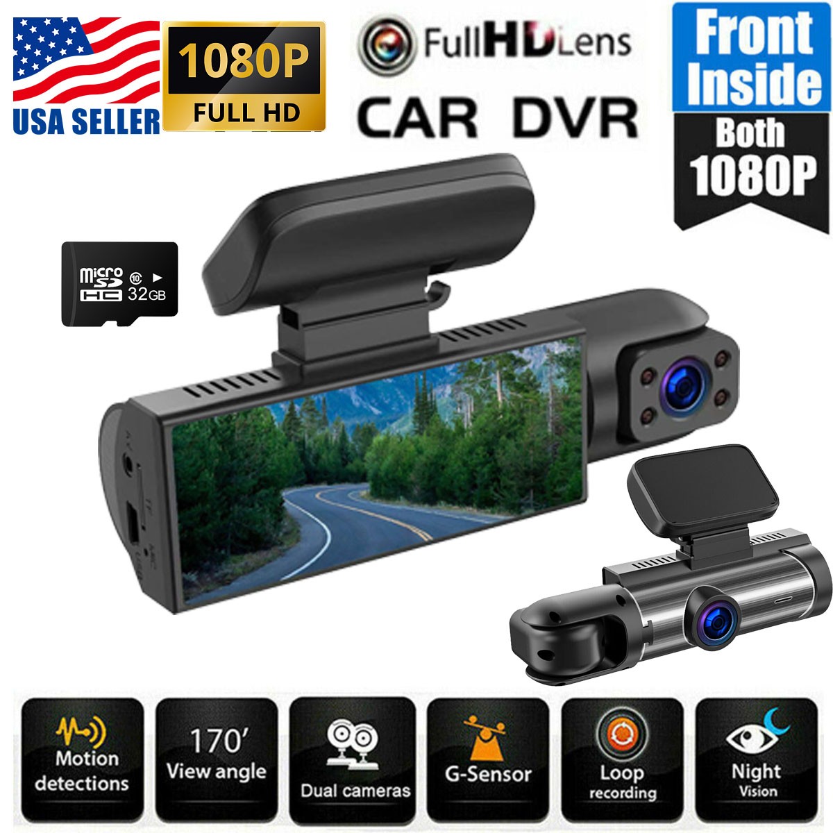 Dash Cam Dual Lens HD 1080P Car DVR Video Recorder Front Inside Camera G-Sensor