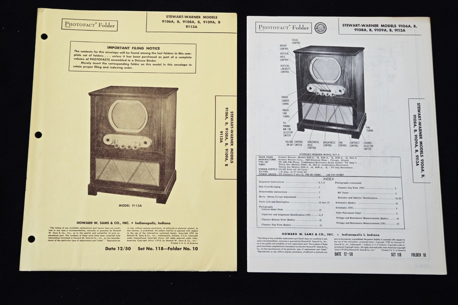 Stewart-Warner 9106A, 9108A Howard Sams 1950 Radio Photofact Set 118 Folder 10