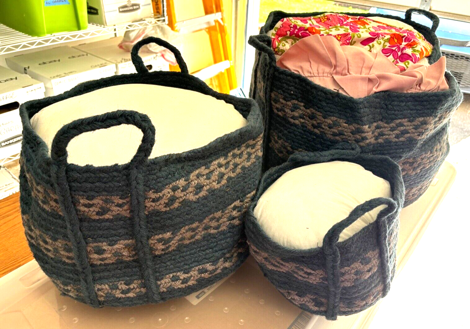 NEW Black Braided Jute Storage Basket Set x3 India 19x12" 14x10" 9x7" + Handles