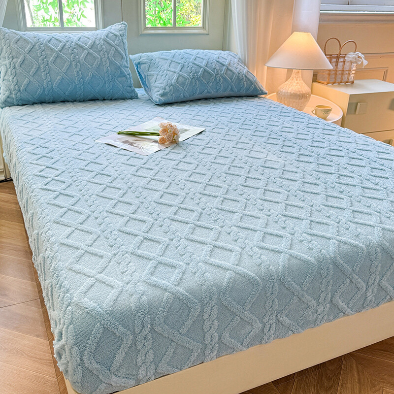 Baby Blue Thick Coral Fleece Fluffy Fitted Bed Sheets Winter Warm Mattress Cover