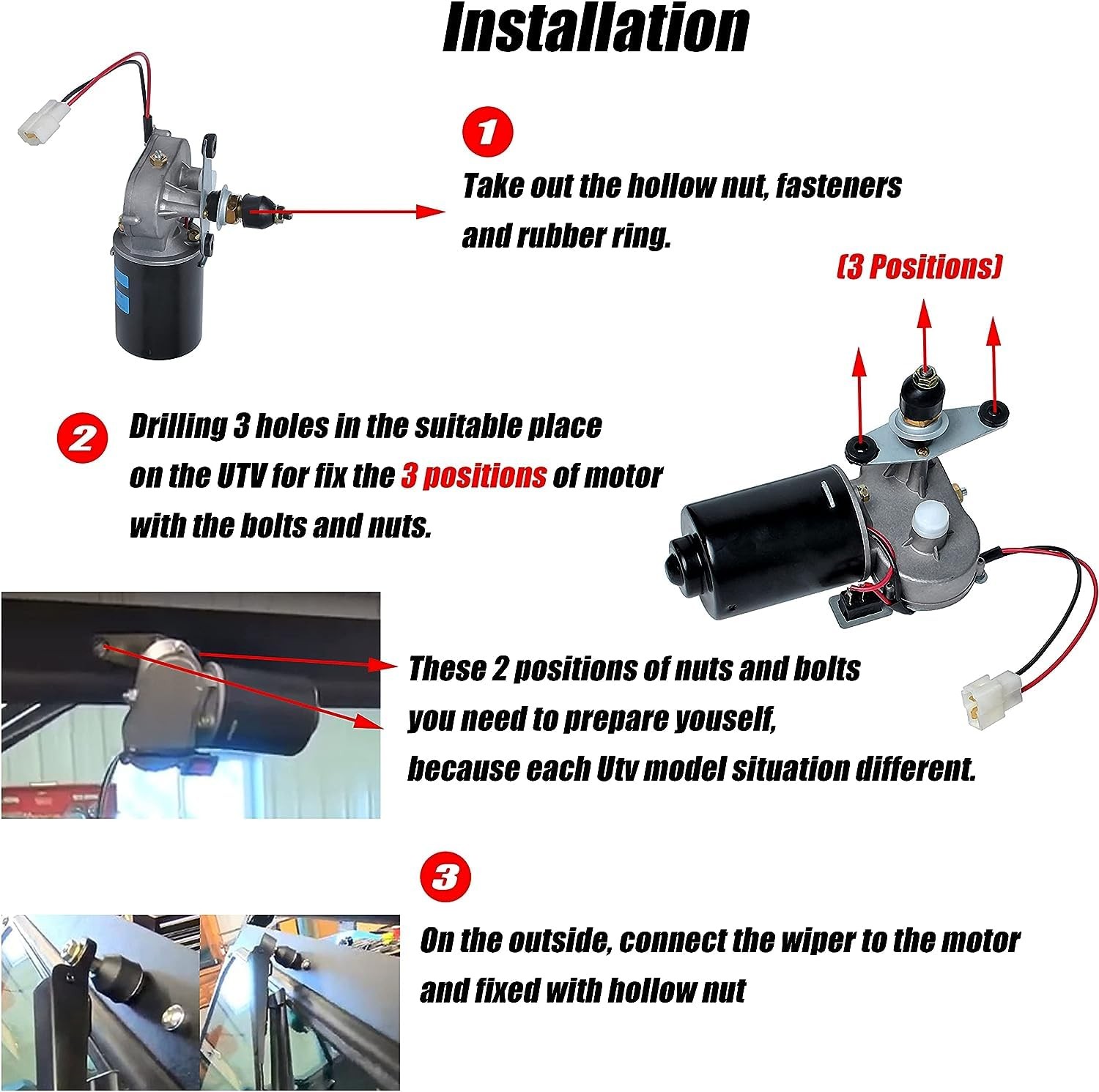 Universal UTV Electric Windshield Wiper Kit, 90° 16" 12V Blade, 2-Pack