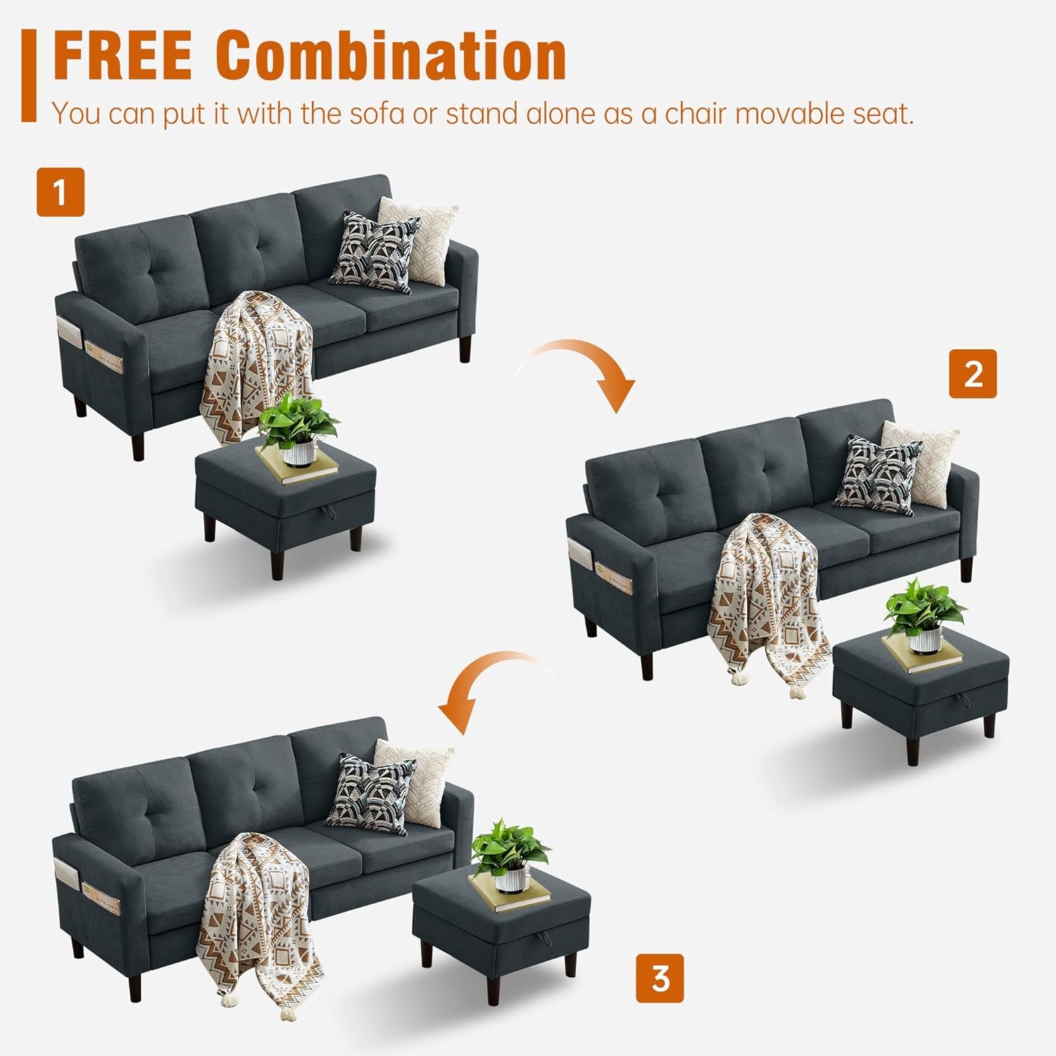 80" Convertible Sectional Sofa Couch with Movable Ottoman, 3 Seats Sectional