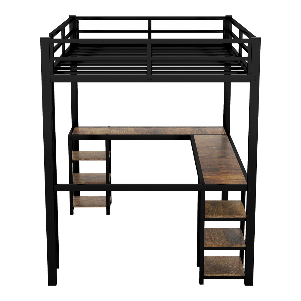 Full XL Metal Loft Bed with Desk and Shelves,Loft Bed with Ladder and Guardrails