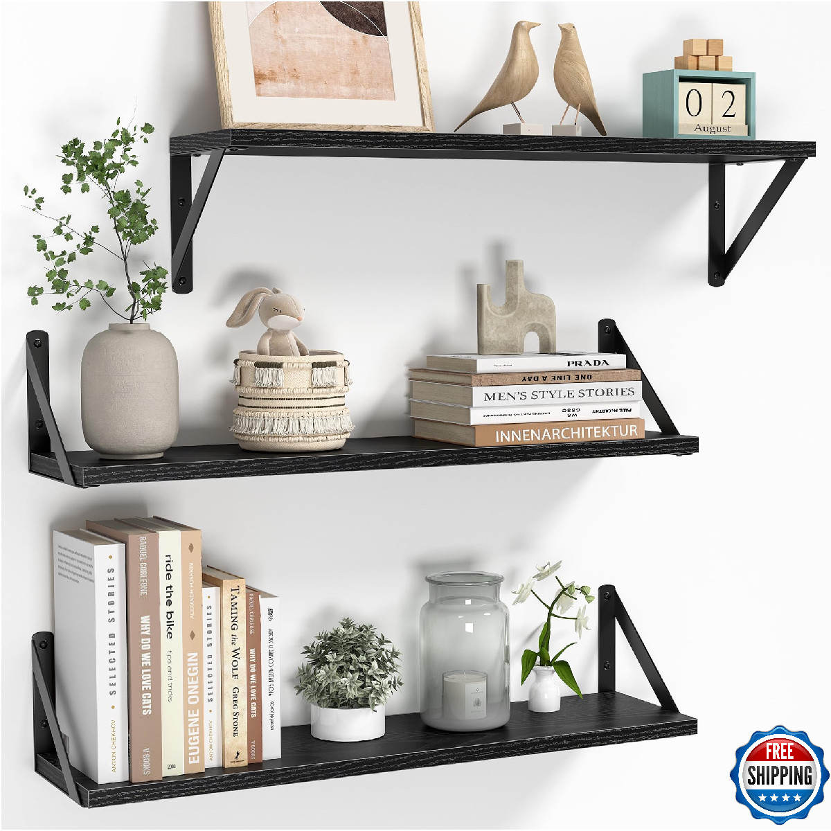 Heimlove Floating Shelves for Wall, 24 Inch Long Wood Floating Shelves Set of 3,