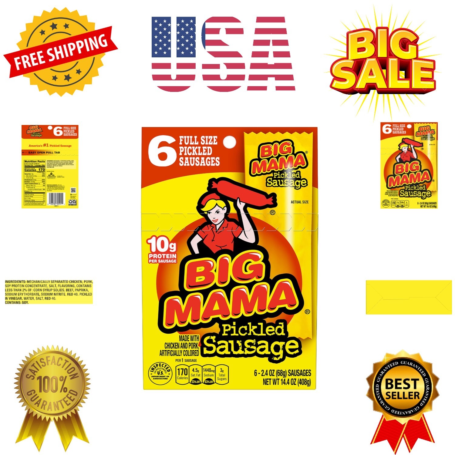 Big Mama Pickled Sausages, 2.4 Ounce, 6 Pack