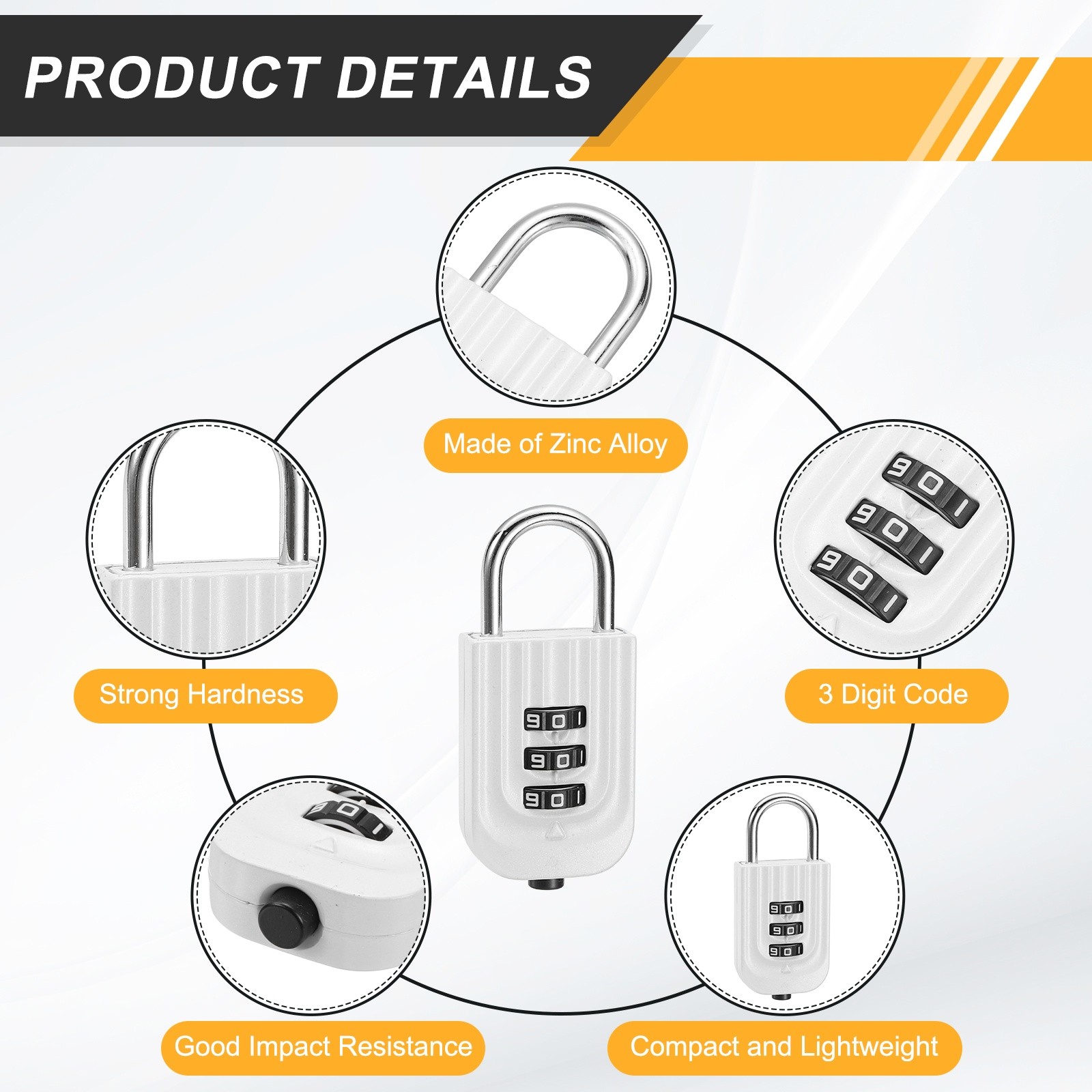 Resettable 3 Digit Combination Lock Code Padlock, White (65 x 30mm)