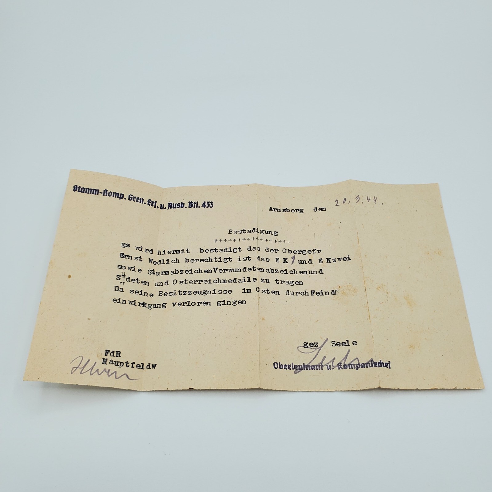 WW2 Original WW2 Iron Cross First Class EK1 EK2 medal award document 1944 letter