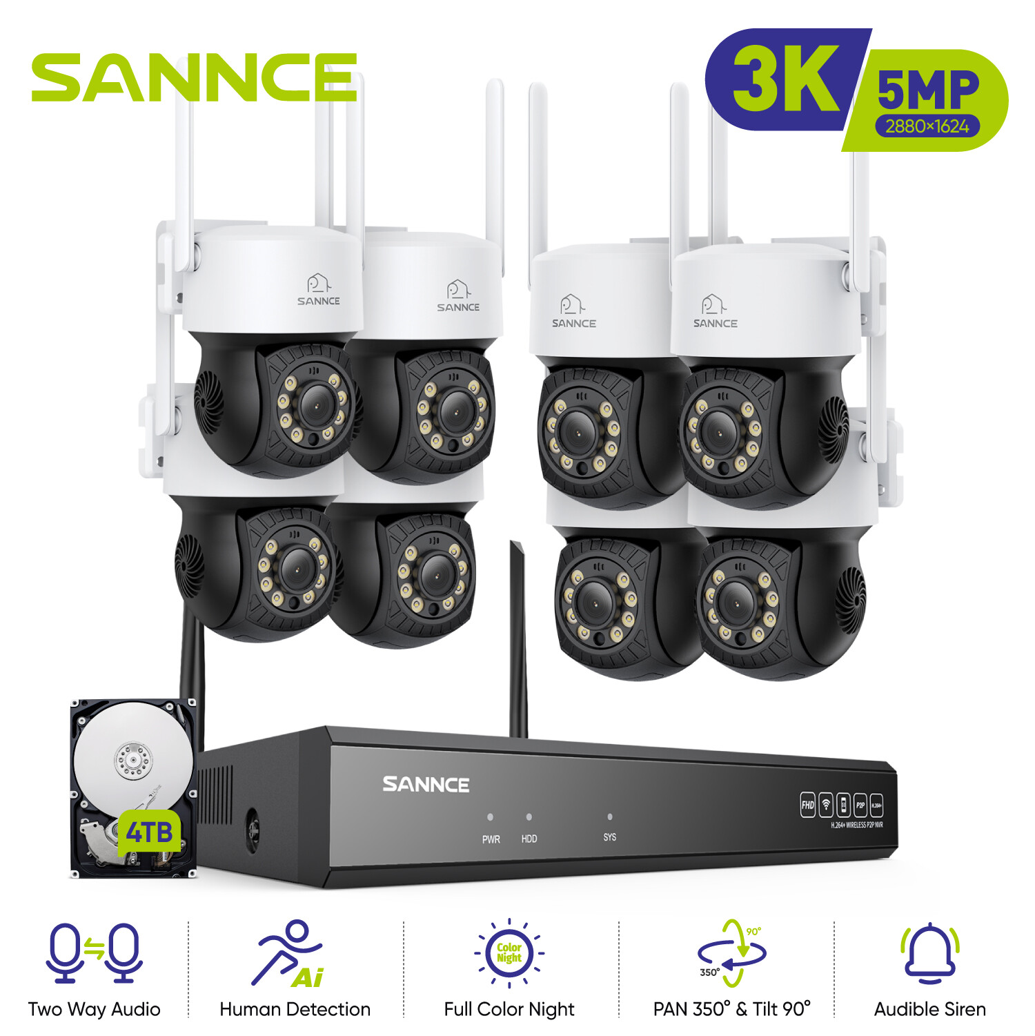 SANNCE 5MP 10CH NVR Wireless PT Security Camera System Color Night Two Way Audio