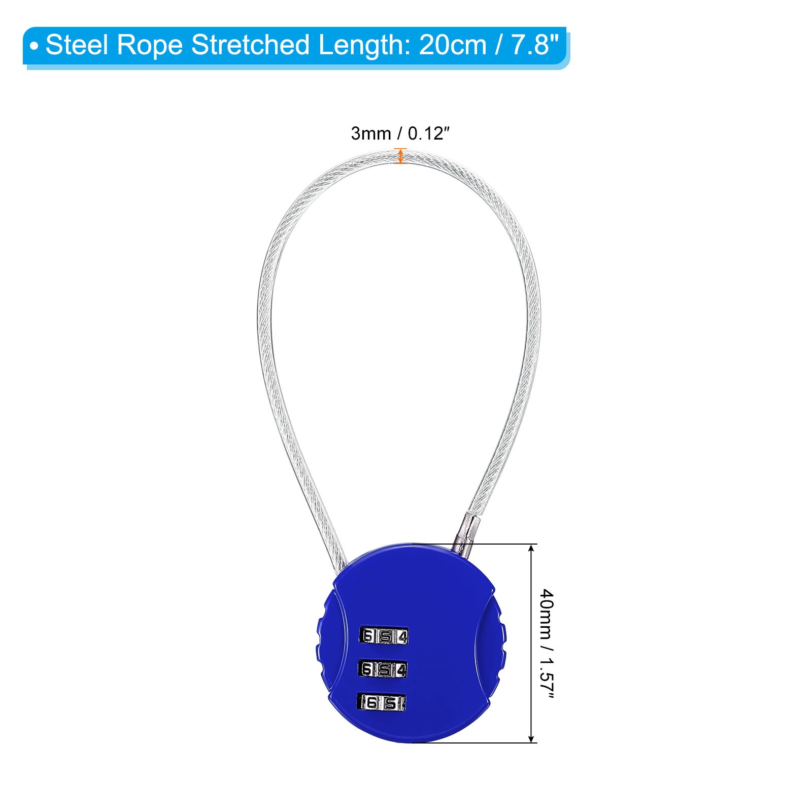 Small Combination Block 7.8", 1pc 3 Digit Luggage Lock, Blue