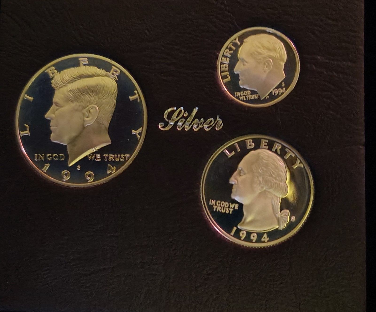 1994 S Silver Proof Kennedy Half Dollar, Washington Quarter, Roosevelt Dime