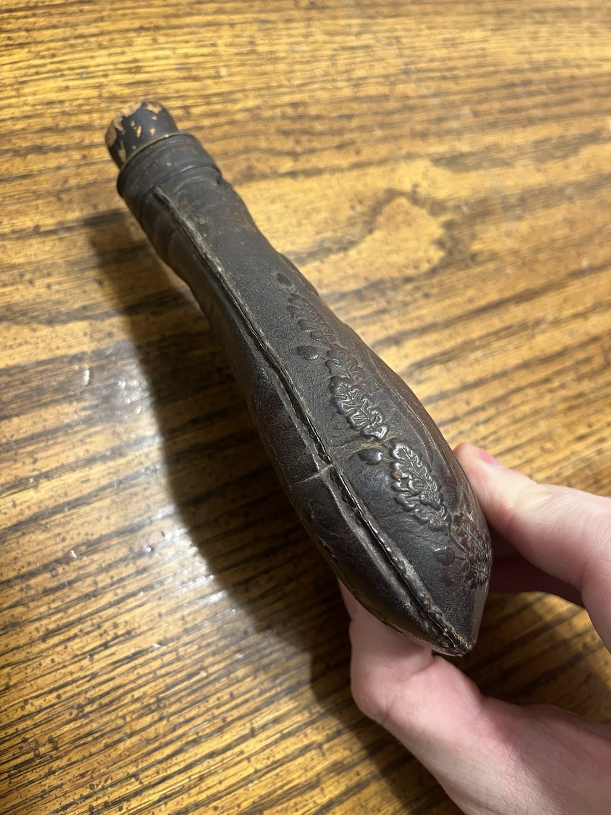 Antique 1800s Civil War Era Leather Embossed Duck Hunting Black Powder Flask