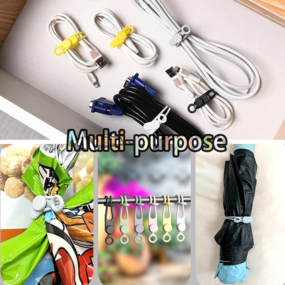 10Pcs Reusable Silicone Cable Ties–Adjustable Cord Organizer with Locking Buckle