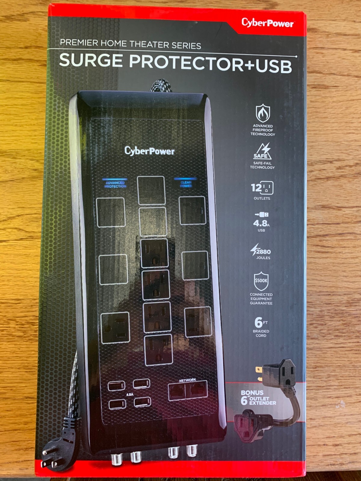SURGE PROTECTOR 2880Joules w/ USB Charging 6' cord CyberPower w/ 6" extender