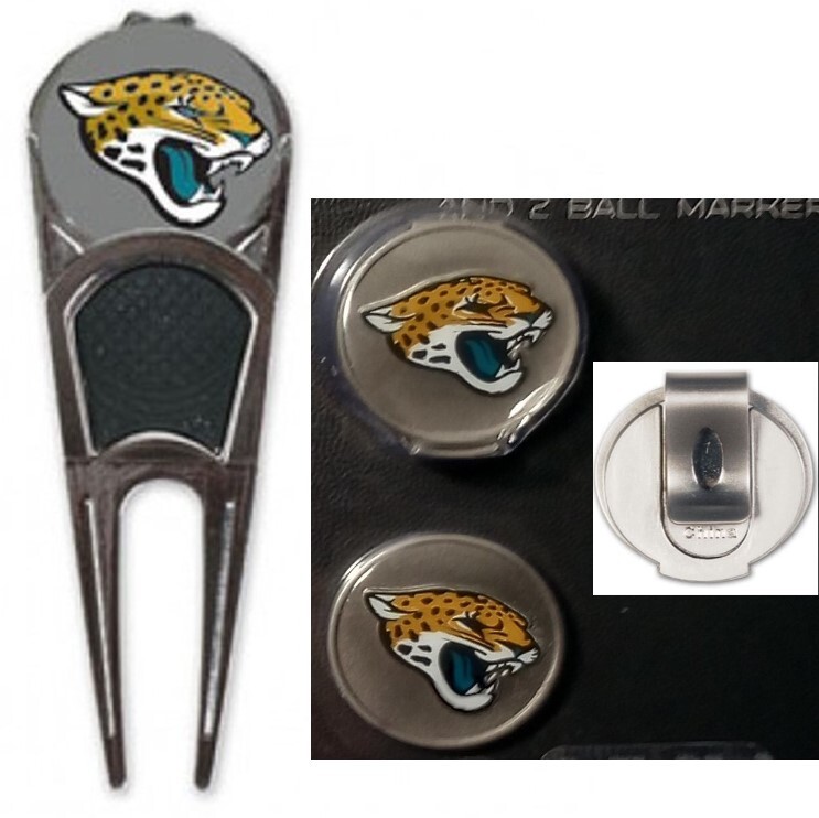 Jacksonville Jaguars Magnetic Golf Hat Clip & 2 Ball Markers + Divot Repair Tool