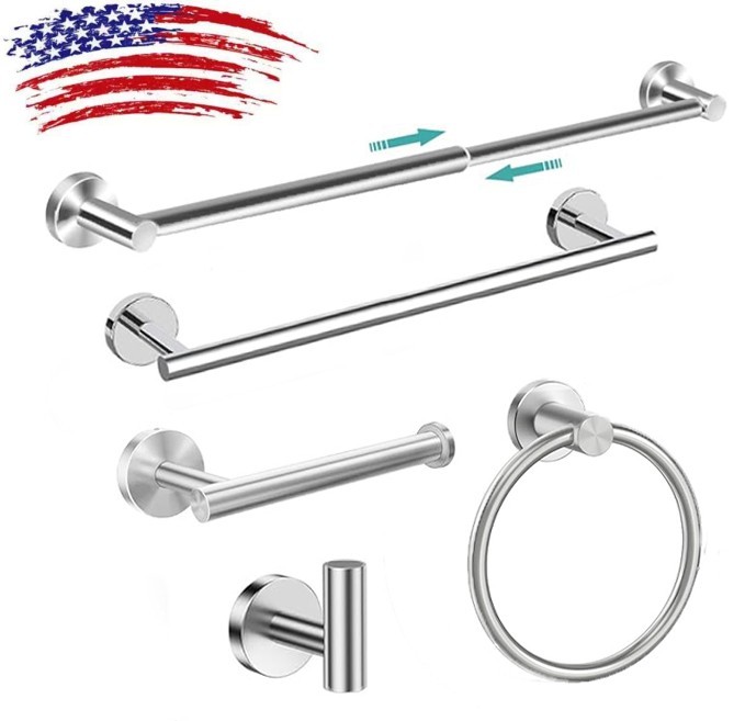 5 Pcs Silver Bathroom Hardware Set Stainless Steel Towel Bar Towel Racks Hooks