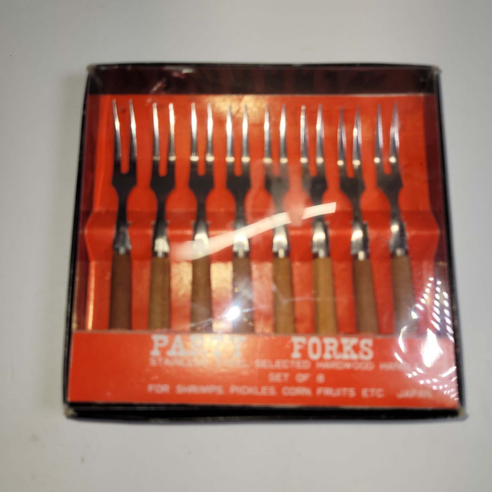 Vtg Party Forks Set of 8 - Wood Handle Stainless Steel Cocktail 3115B55