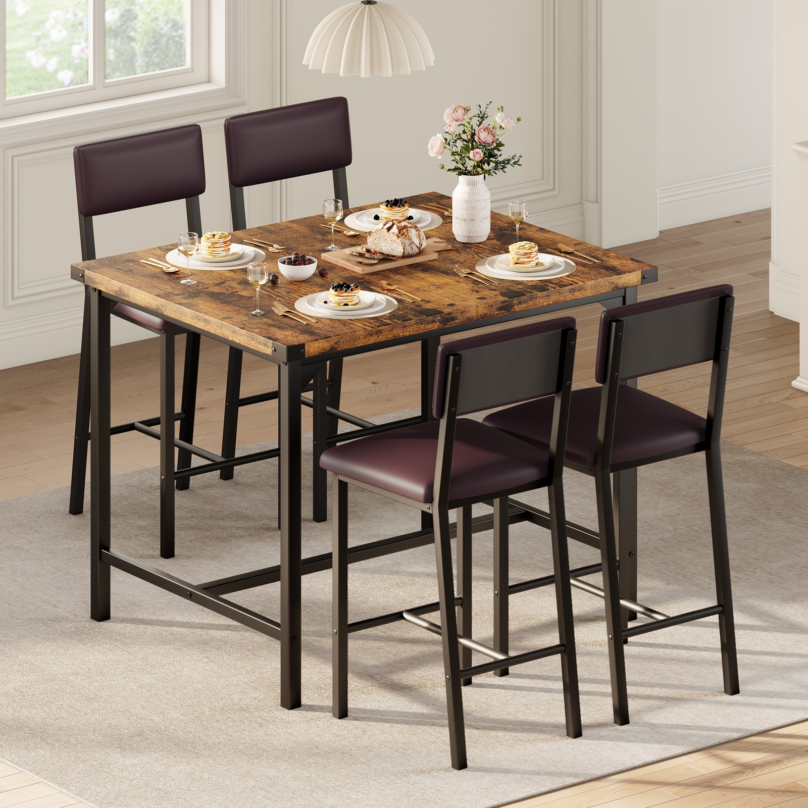 5-Piece Dining Table Set Counter Height High Top Table and 4 Upholstered Chairs