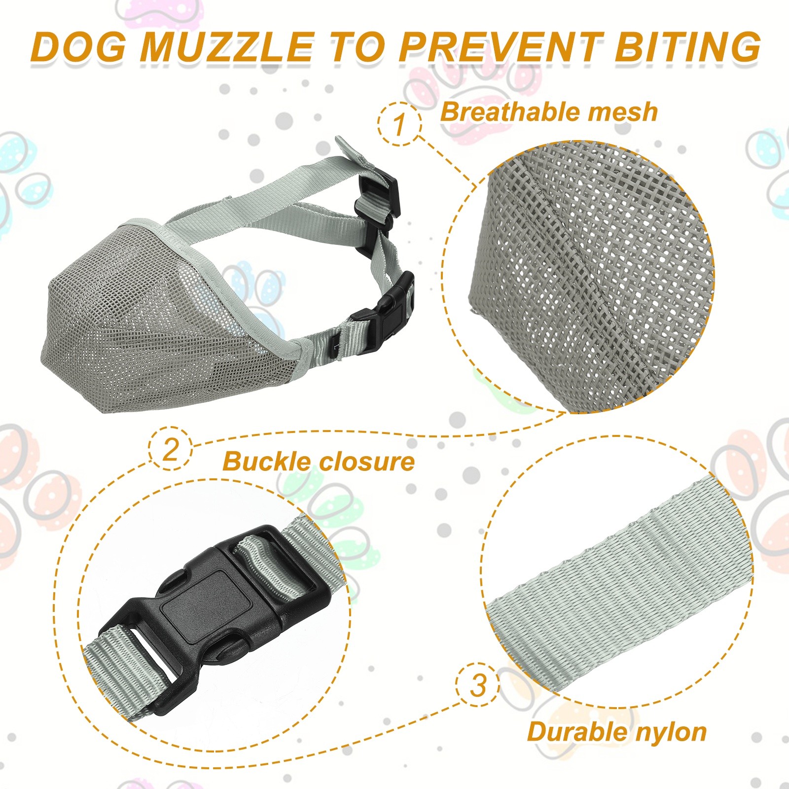 Dog Muzzle Soft Mesh Muzzle Adjustable Covered Mouth Guard Light Gray L