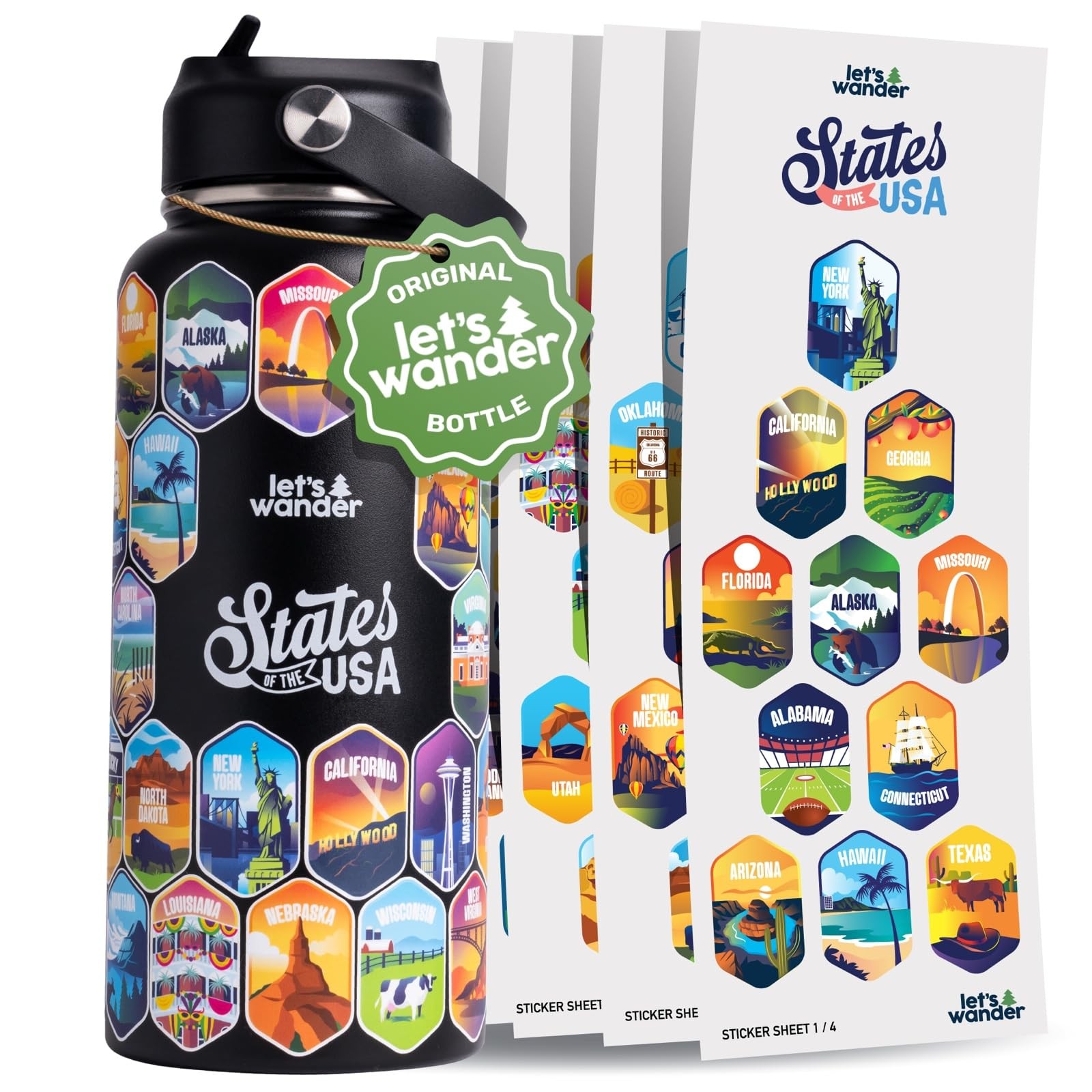 LET'S WANDER 50 States Water Bottle with Waterproof Stickers - 32oz Leakproof