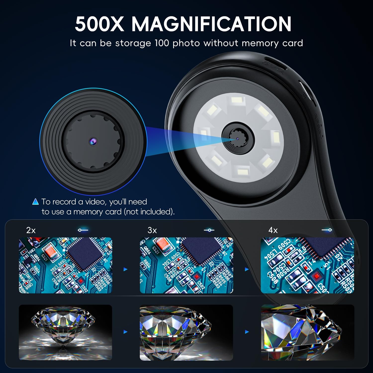 SKYBASIC 500X Macro Handheld Digital Microscope 2" IPS Screen PC Compatible Port