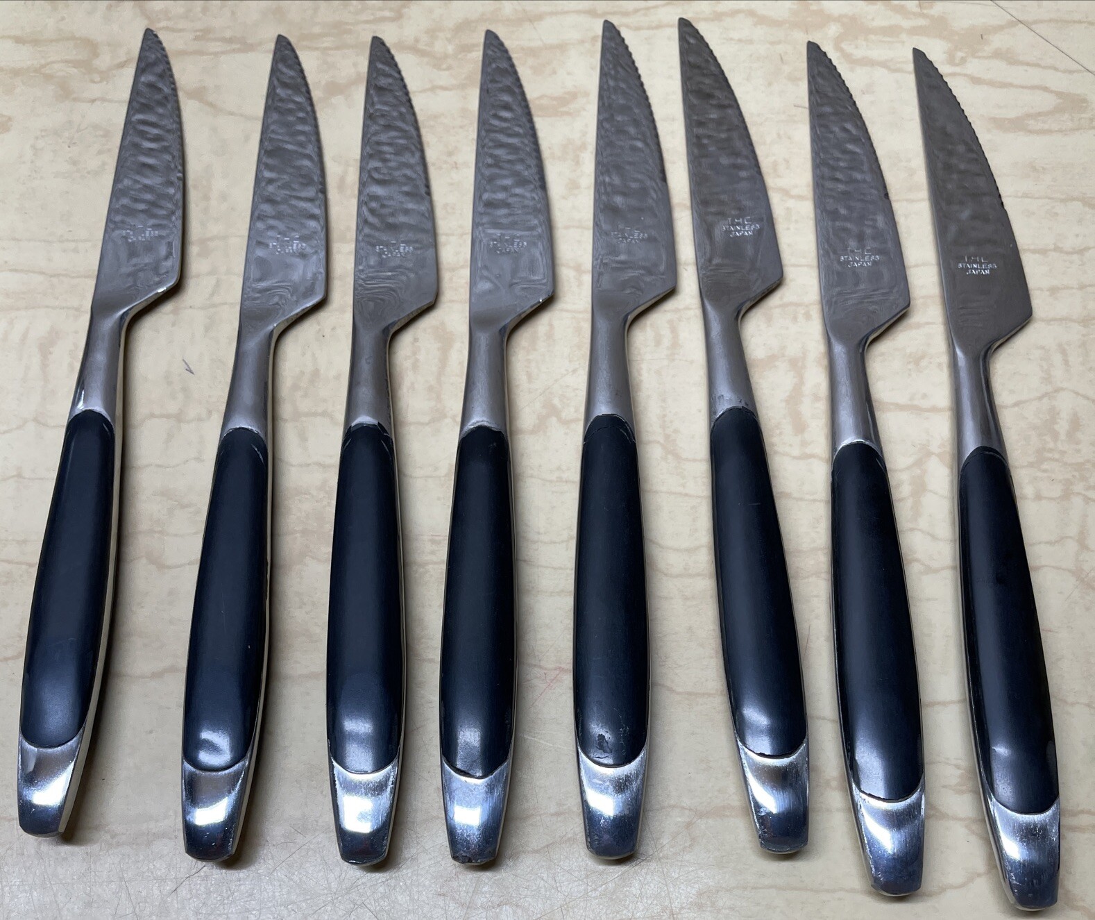 Set Of 8 THC Black & Silver Kitchen Knives Vintage Retro