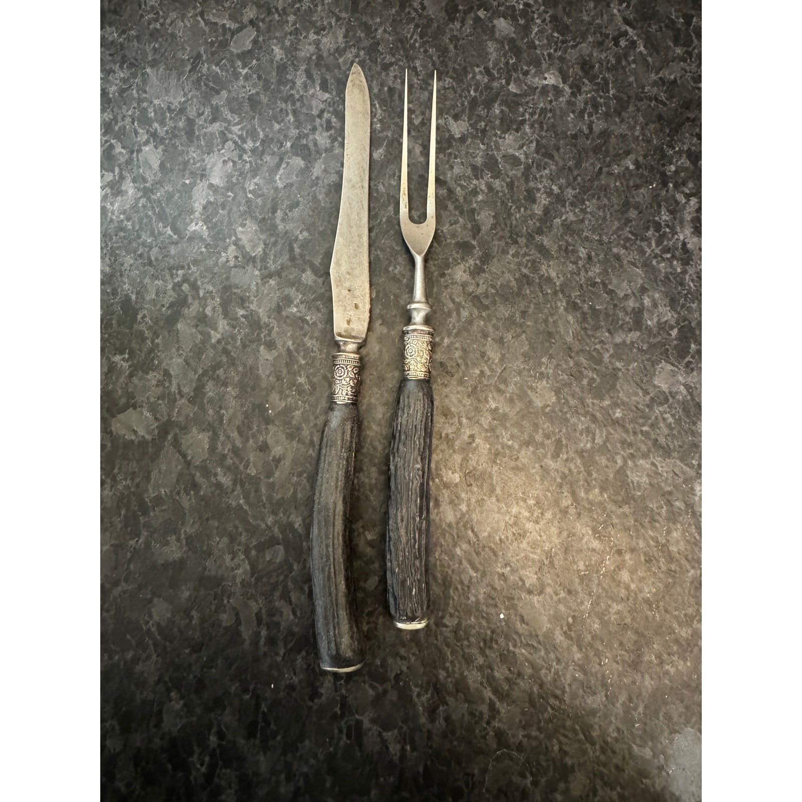 Antique Stag Handle Carving Set Knife Fork Sheffield England Silver Ferrule